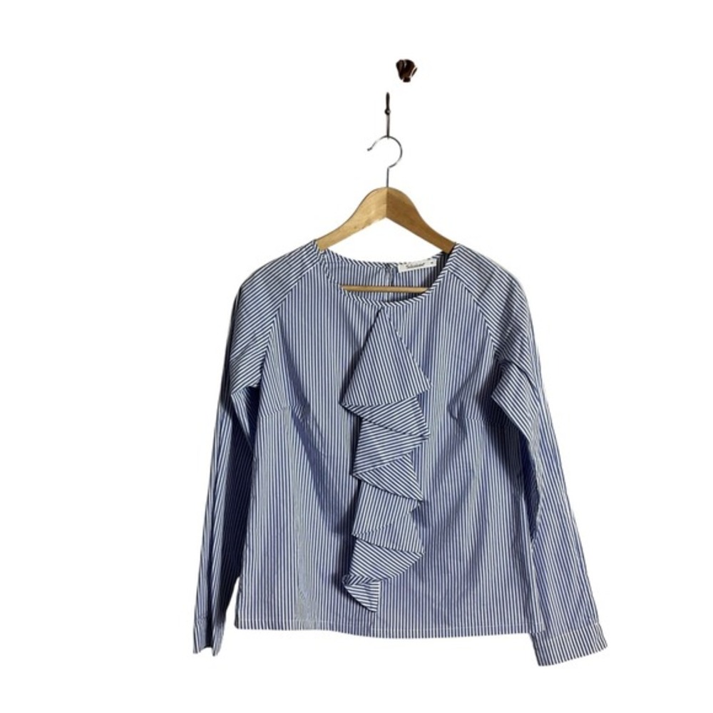 Soluzione Switzerland Size 38 Blue White Striped Ruffled Shirt Preppy Coastal